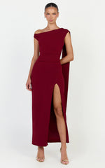 Cosette Midi Dress - Asymmetric Neckline Draped Shoulder Sash Dress in Wine