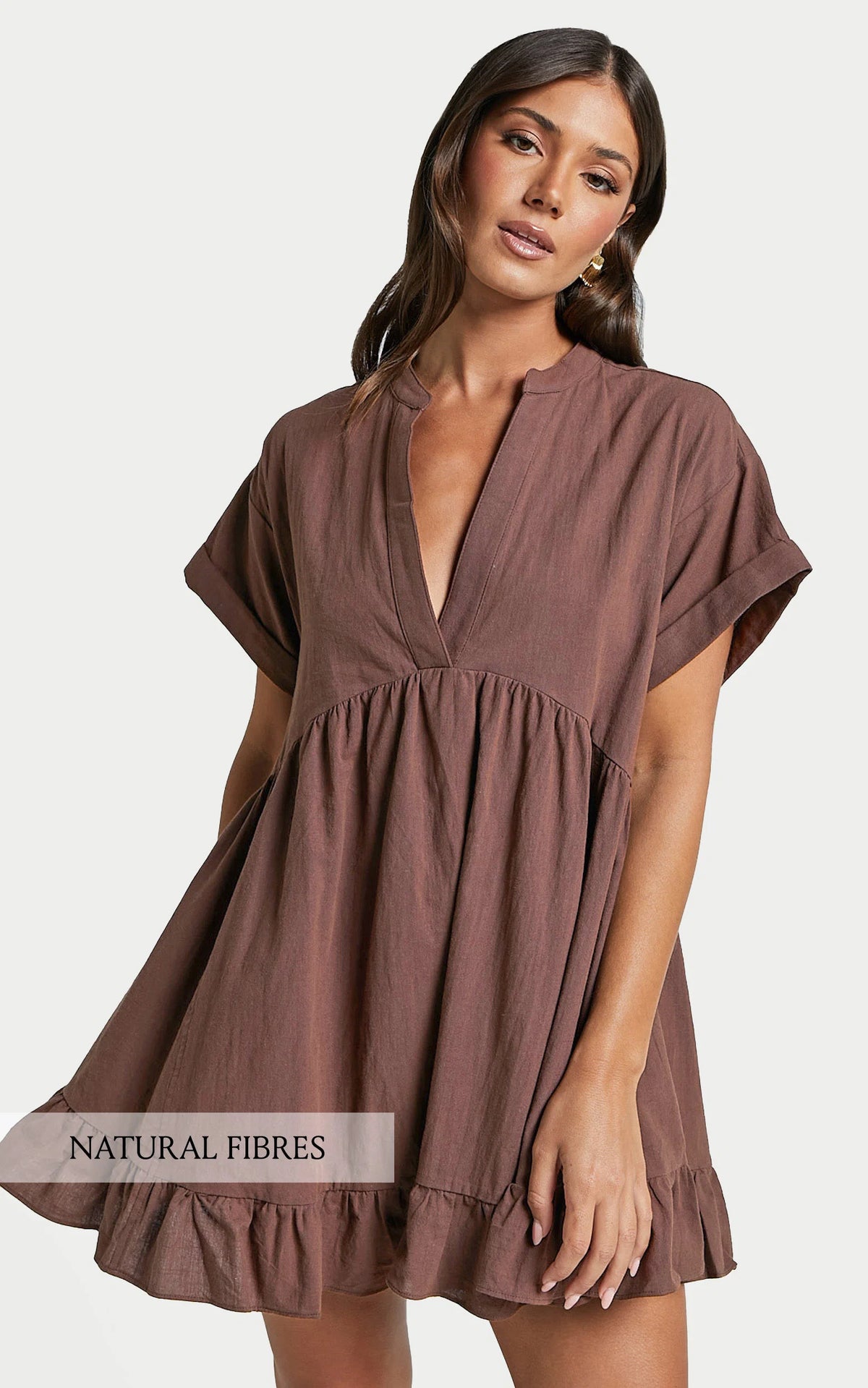 Calissa Mini Dress - Frill Hem Smock Dress in Chocolate