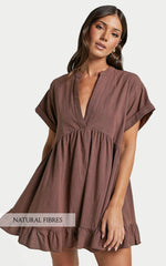 Calissa Mini Dress - Frill Hem Smock Dress in Chocolate