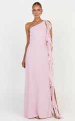 Alani Maxi Dress - Backless One Shoulder Flounce Detail Dress in Pink