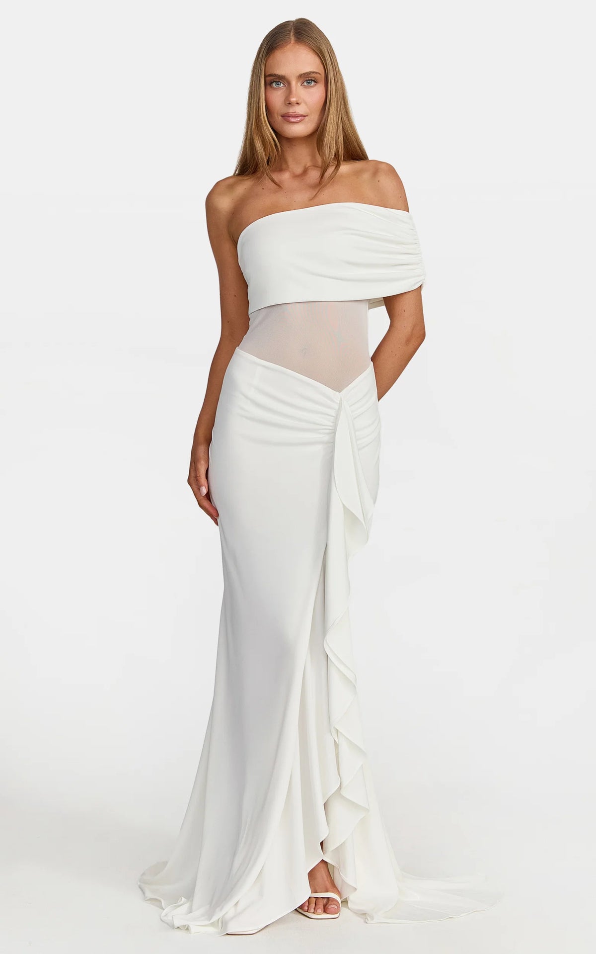 Hallie Maxi Dress - One Shoulder Flounce Dress With Leg Split And Sheer Panel in White