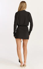 Tash Mini Dress - Long Sleeve Plunge Wrap Dress in Black