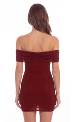 Off-Shoulder Embellished Mini Dress in Burgundy