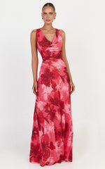 Maila Maxi Dress - Draped Cowl Neckline Dress in Maila Red Floral Print