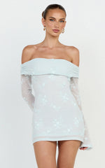 Raymond Mini Dress - Off Shoulder Long Sleeve Fitted Dress in Blue