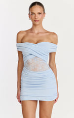 Juliet Mini Dress - Off Shoulder Lace Contrast Dress in Blue