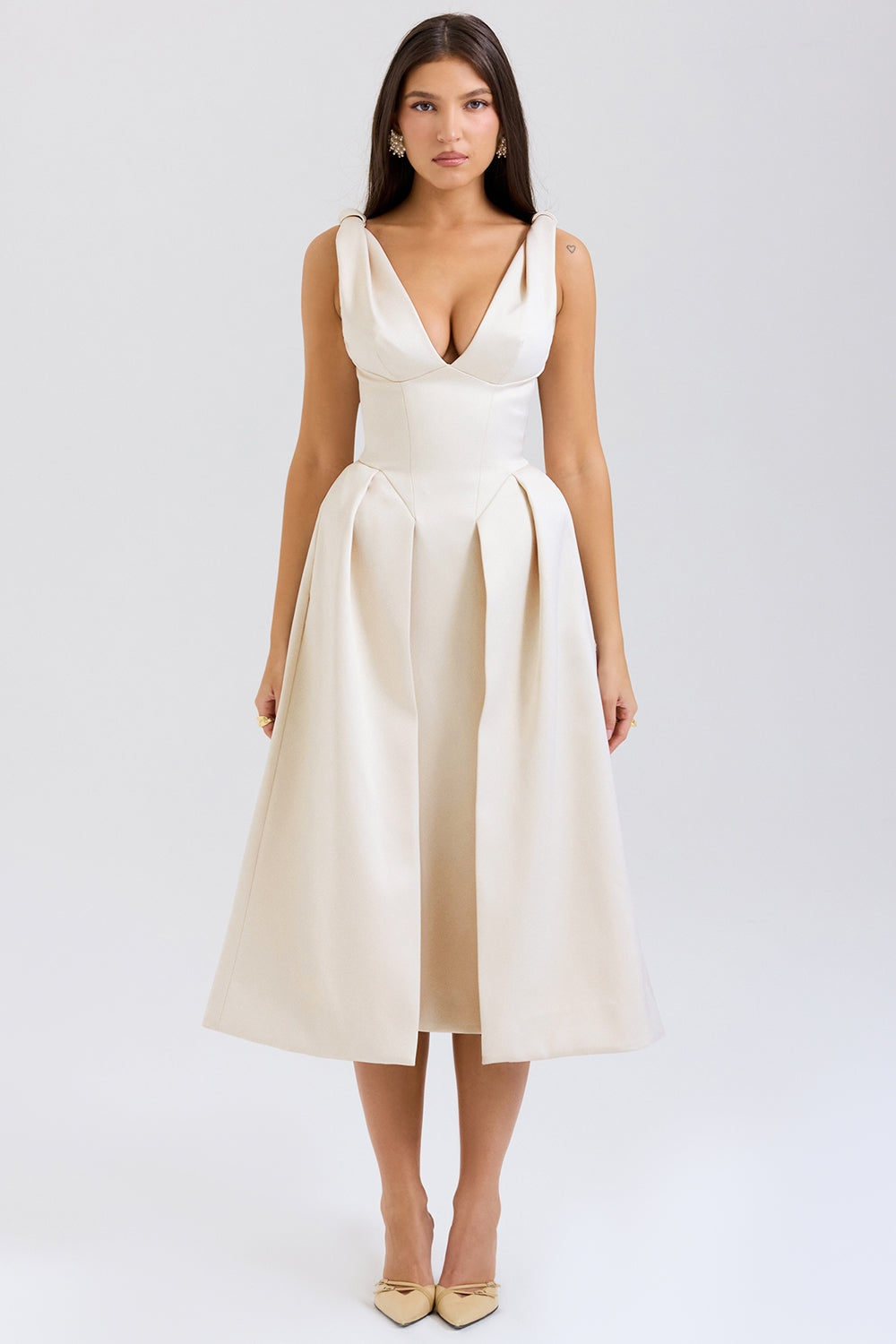 Vintage Cream Satin Pleated Midi Dress