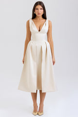 Vintage Cream Satin Pleated Midi Dress