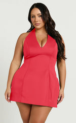 Gaia Mini Dress - Plunge Halter Fit and Flare Dress in Red