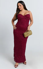 Carli Maxi Dress - Adjustable Strap Corset Bodycon Lace Dress in Wine