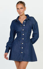 Amaris Mini Dress - Long Sleeve Corset Shirt Dress in Dark Blue Wash