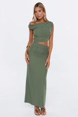 Style Archive Off Shoulder Mesh Maxi Dress Olive