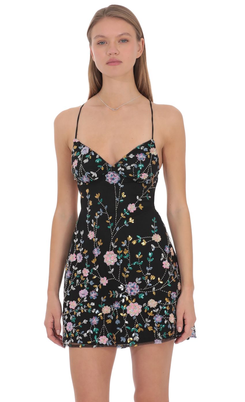 Floral Sequin Mini Dress in Black
