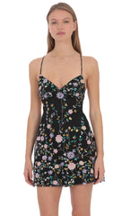 Floral Sequin Mini Dress in Black