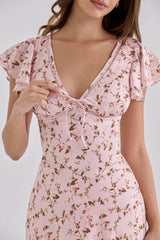Vintage Floral Print Pink Satin V-neck Midi Tea Dress