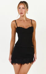 Primrose Mini Skirt - Side Split Lace Insert Slip Skirt in Black