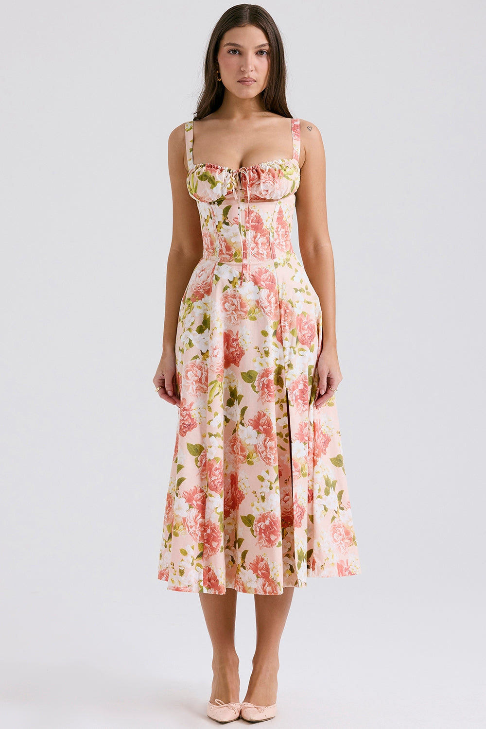Pink Peony Print Cotton Bustier Sundress
