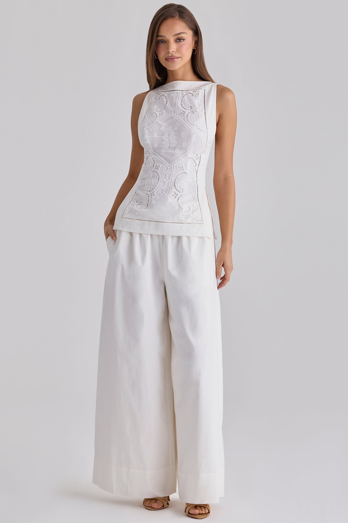 White Cotton Wide Leg Trousers