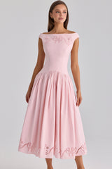Pink Cotton Broderie Anglaise Boat Neck Maxi Dress