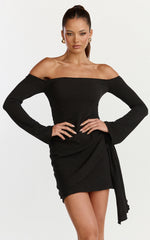 Noah Mini Dress - Off Shoulder Draped Skirt Jersey Dress in Black