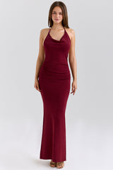 Wine Draped Halter Neck Maxi Dress