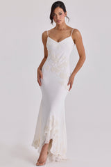 Vintage Ivory Satin Hand Beaded Embellished Maxi Dress