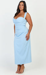 Kenna Midi Dress - Gathered Bust Tucked Waist Dress in Pale Blue