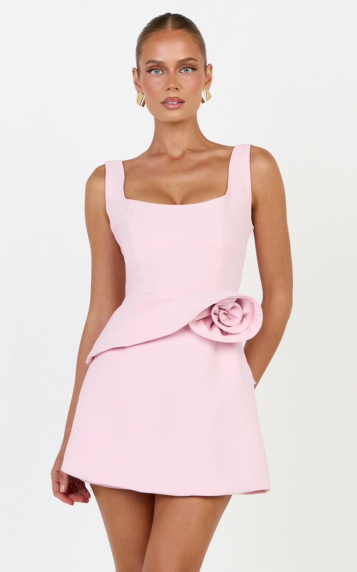 Vivienne Mini Dress - Square Neck Rosette Peplum Dress in Pink