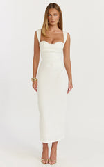Kenna Midi Dress - Gathered Bust Tucked Waist Dress in Off White