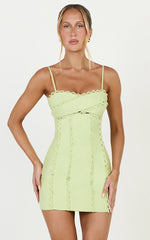 Gigi Mini Linen Blend Dress - Sweetheart Tie Back Scallop Detail Dress in Pastel Green