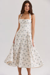 Cream Daisy Print Stretch Cotton Halter Neck Midi Dress