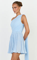 Missy Mini Dress - Plisse One Shoulder Sash Detail Dress in Light Blue