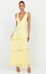 Beryl Midi Dress - Deep V Neck Sleeveless Layered Dress in Lemon