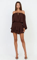Sailor Mini Dress - Off Shoulder Ruffle Skirt Dress in Chocolate