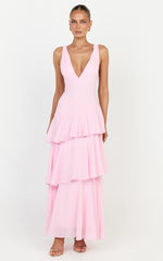 Beryl Midi Dress - Deep V Neck Sleeveless Layered Dress in Pink