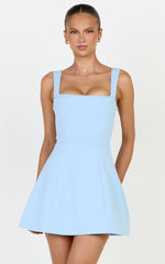 Donna Mini Dress - Square Neck Pin Tucked Waist Tulip Skirt Dress in Light Blue
