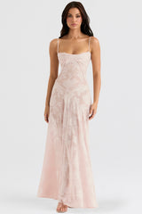 Soft Pink Floral Lace Back Maxi Dress