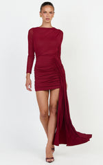 Jasmine Mini Dress - Long Sleeve Draped Skirt Overlay Dress in Wine