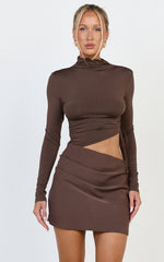 Tallulah Mini Dress - High Neck Side Ruched Cut Out Dress in Chocolate