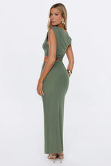 Style Archive Off Shoulder Mesh Maxi Dress Olive