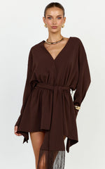 Ariette Mini Dress - Plunge Neck Fringe Detail Belt Dress in Chocolate