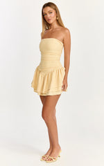 Millie Mini Dress - Strapless Gathered Frill Layered Fit And Flare Dress in Lemon