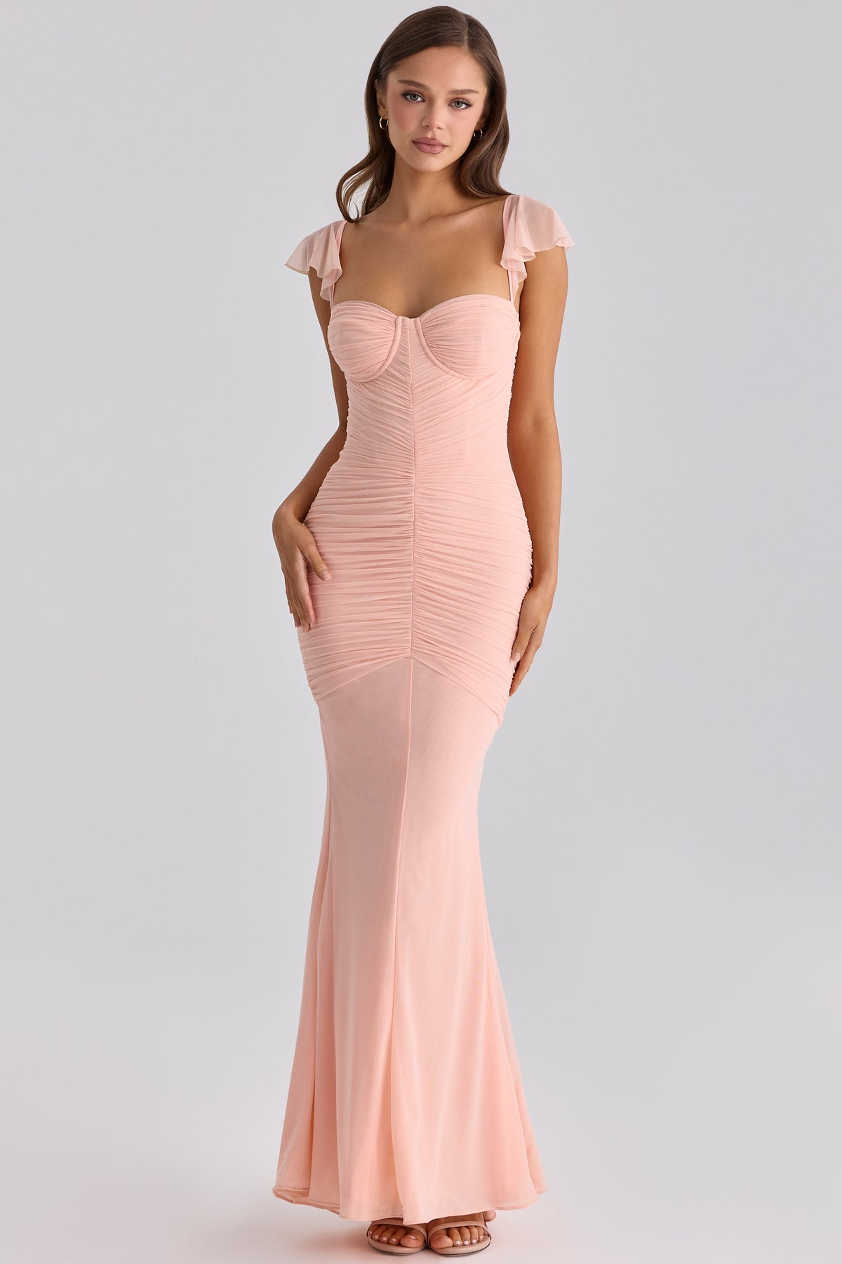 Peach Mesh Silhouette Maxi Dress