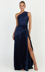 Clarissa Maxi Dress - One Shoulder Pleated Dress in Navy