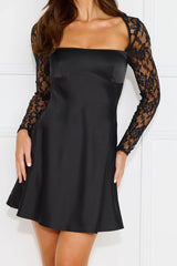 Magnificent Poise Lace Long Sleeve Satin Mini Dress Black