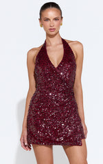 Almira Mini Dress - Sequin Halter Wrap Dress in Wine