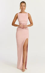 Alberta Maxi Dress - Spliced Sheer Lace Column Dress in Pink