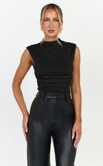 Olive Top - High Neck Sleeveless Side Ruched Top in Black