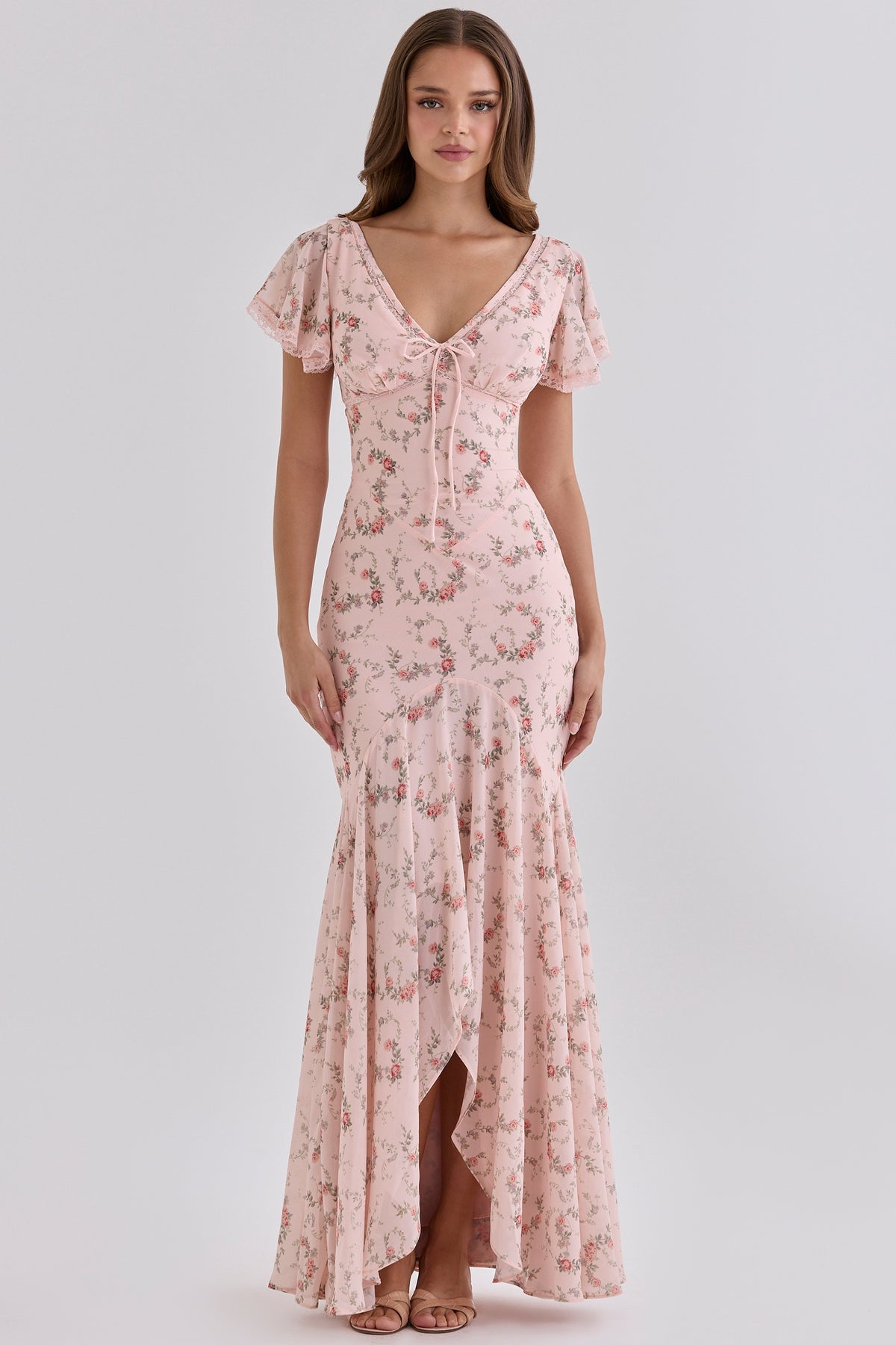 Pink Vintage Rose Print Georgette Maxi Tea Dress