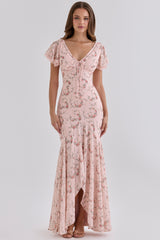Pink Vintage Rose Print Georgette Maxi Tea Dress